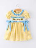 Load image into Gallery viewer, Back To School School Bus Plaid Girls Dress Ruffle Collar Bow

