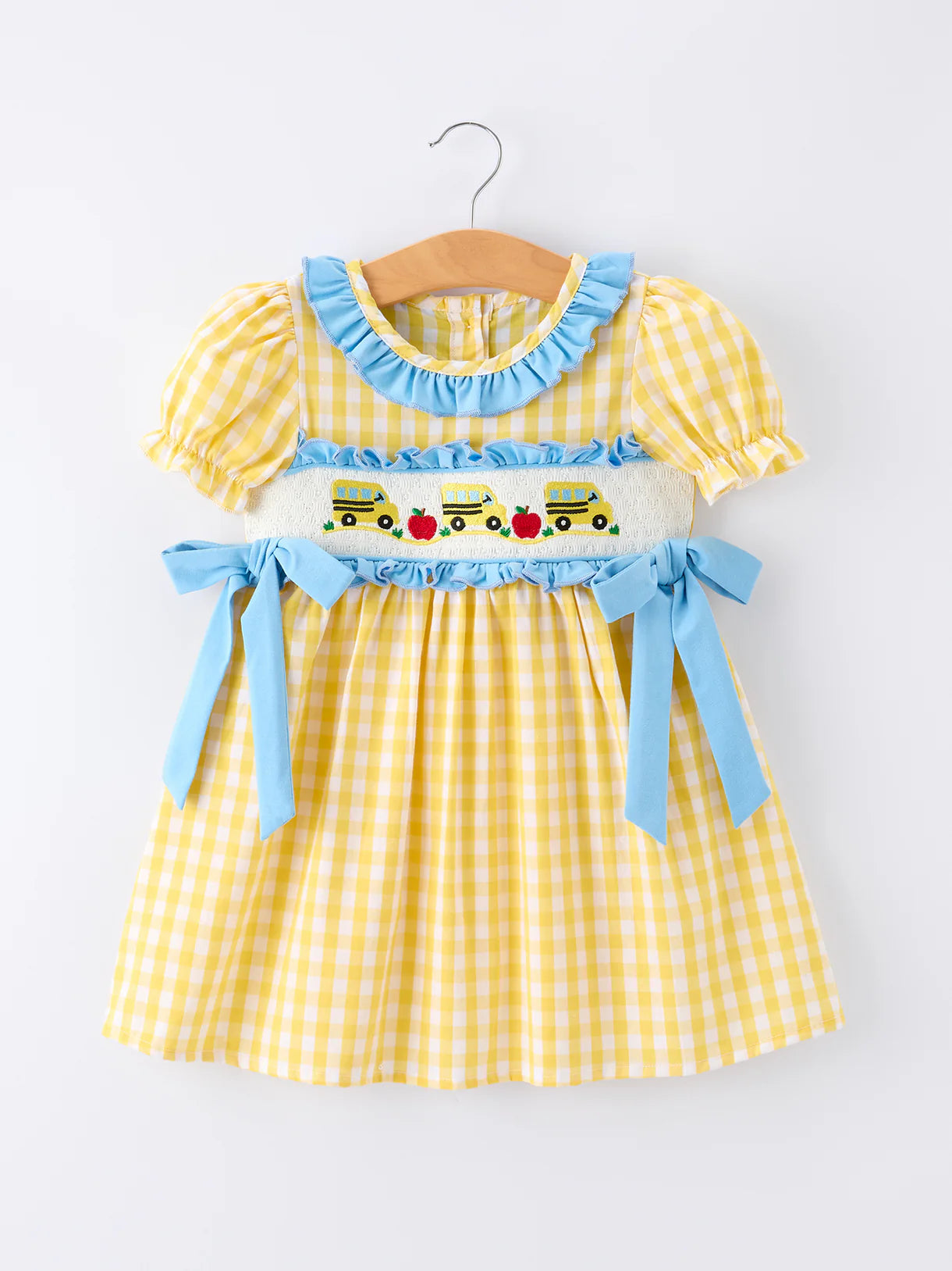 Back To School School Bus Plaid Girls Dress Ruffle Collar Bow