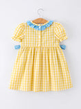 Load image into Gallery viewer, Back To School School Bus Plaid Girls Dress Ruffle Collar Bow
