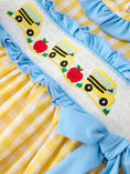Load image into Gallery viewer, Back To School School Bus Plaid Girls Dress Ruffle Collar Bow

