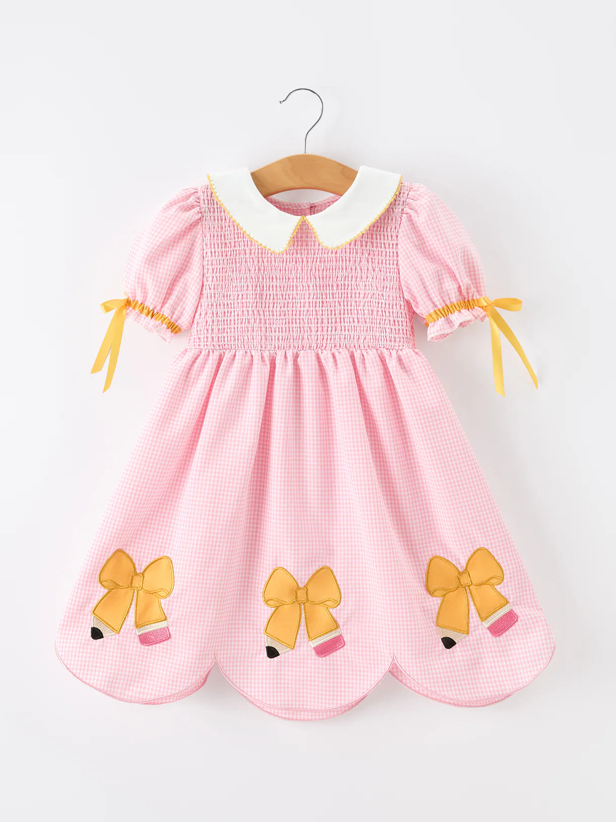 Girls Back To School Pencil Twirl Dress Bow Applique Smocked