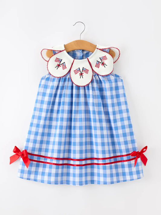 Girls 4th of July Plaid Twirl Dress Bow Embroidery Petals Collar