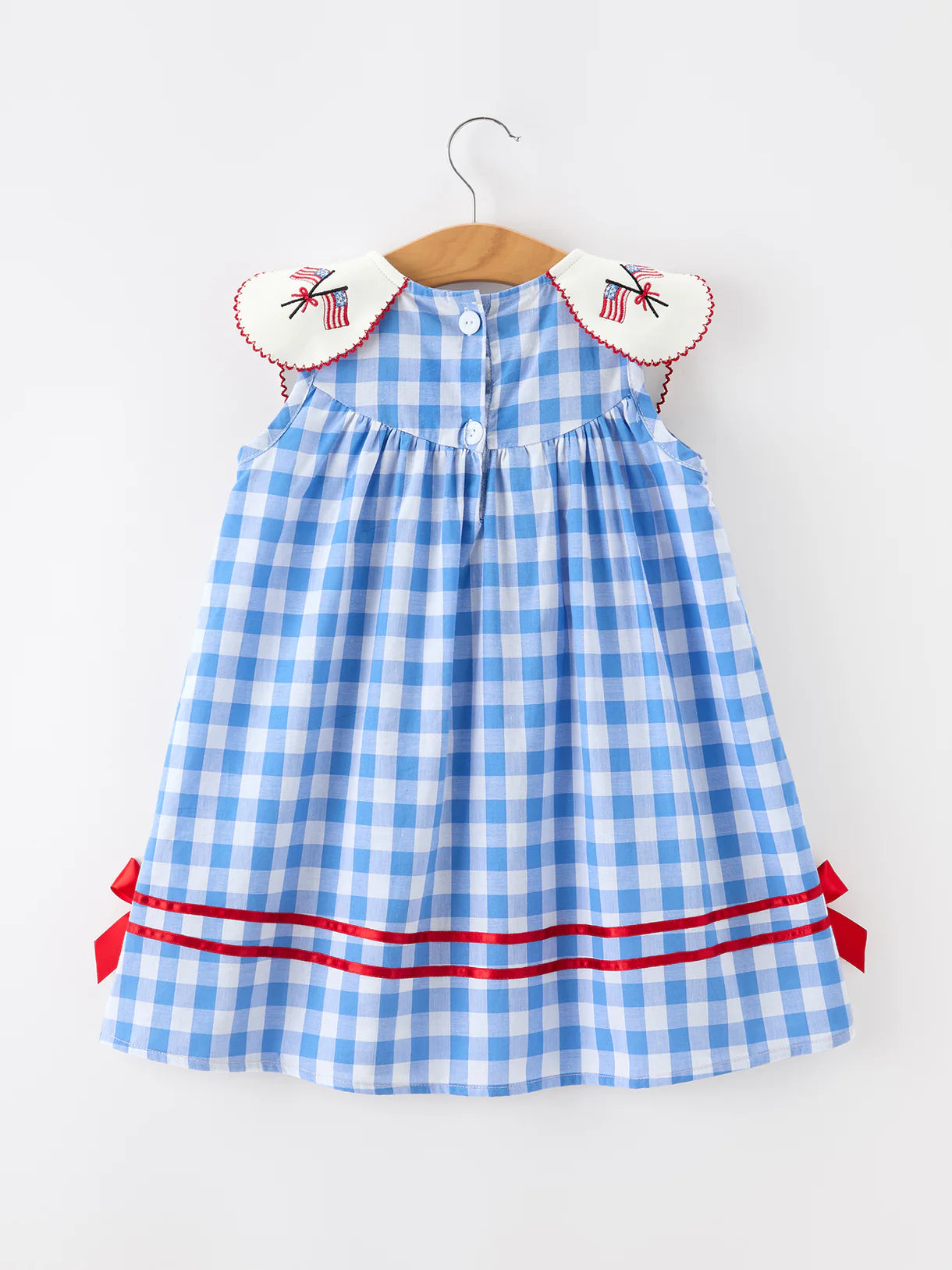 Girls 4th of July Plaid Twirl Dress Bow Embroidery Petals Collar