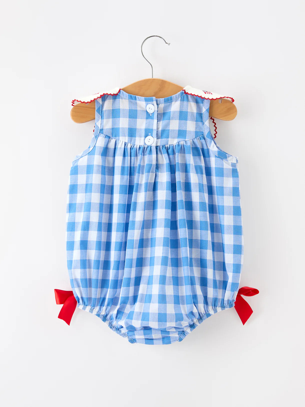 Girls 4th of July Plaid Romper Bow Embroidery Petals Collar