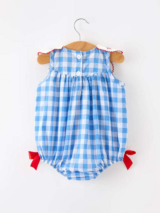 Girls 4th of July Plaid Romper Bow Embroidery Petals Collar