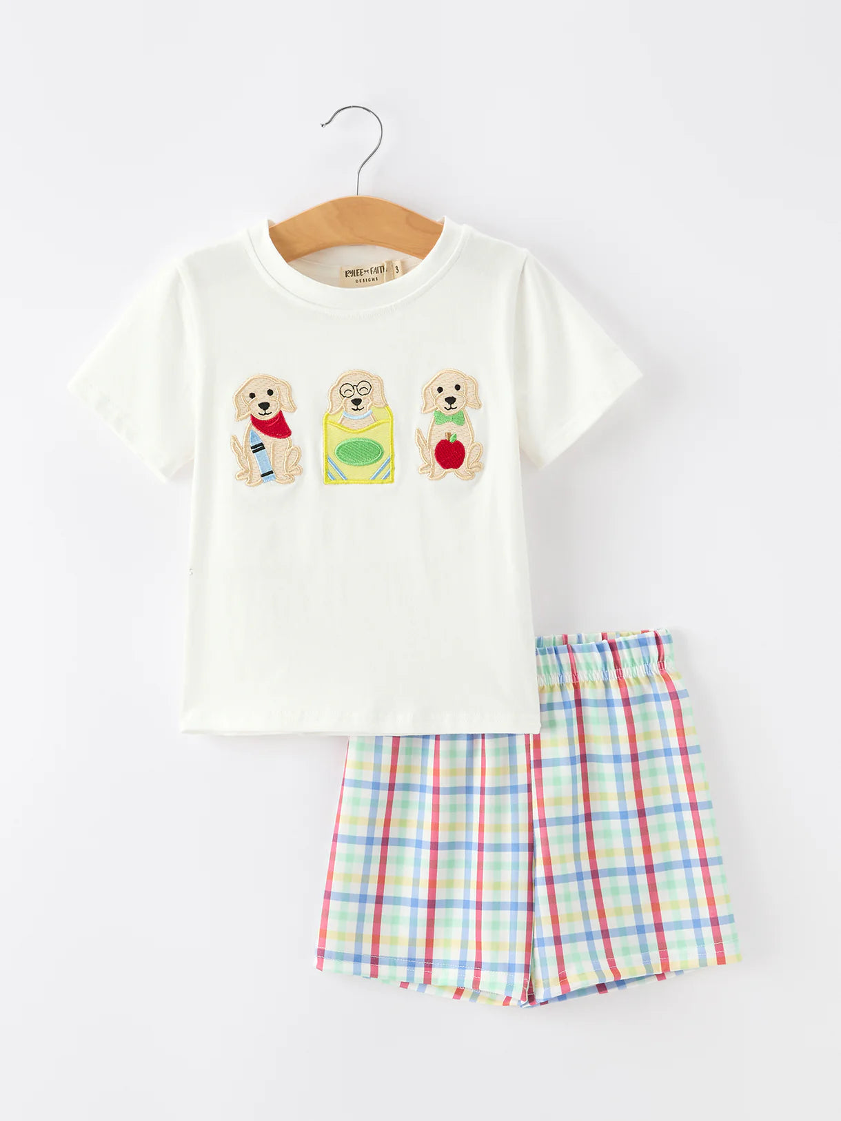 Boys Back To School Dog Plaid Short Set Applique