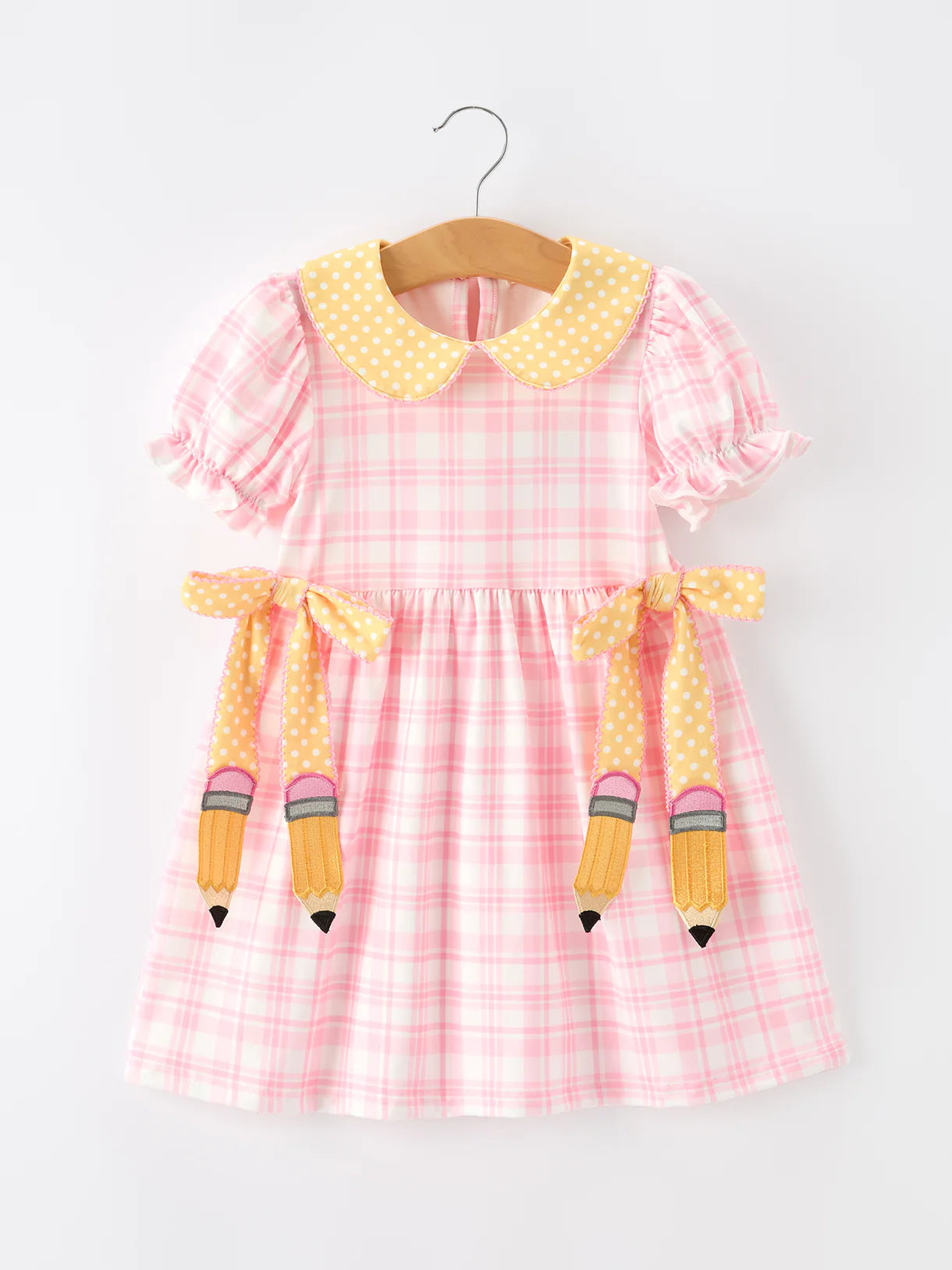 Girls Back To School Pencil Plaid Twirl Dress Bow Petals Collar