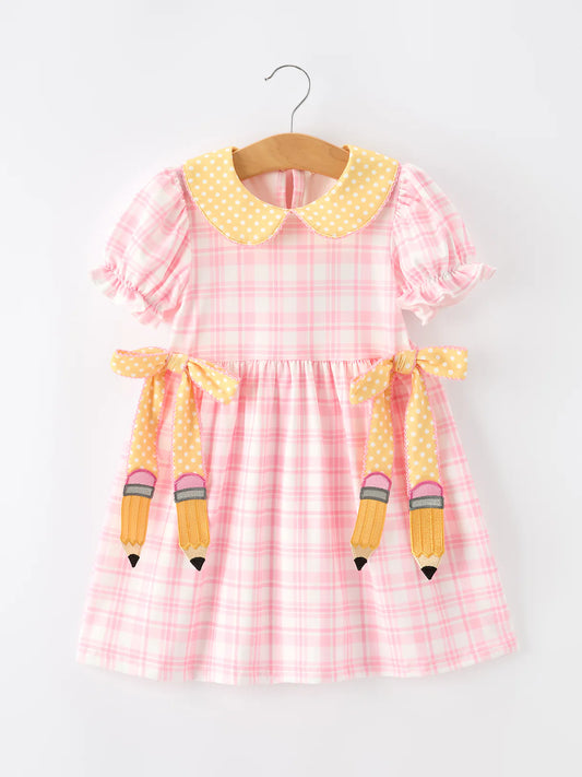 Girls Back To School Pencil Plaid Twirl Dress Bow Petals Collar