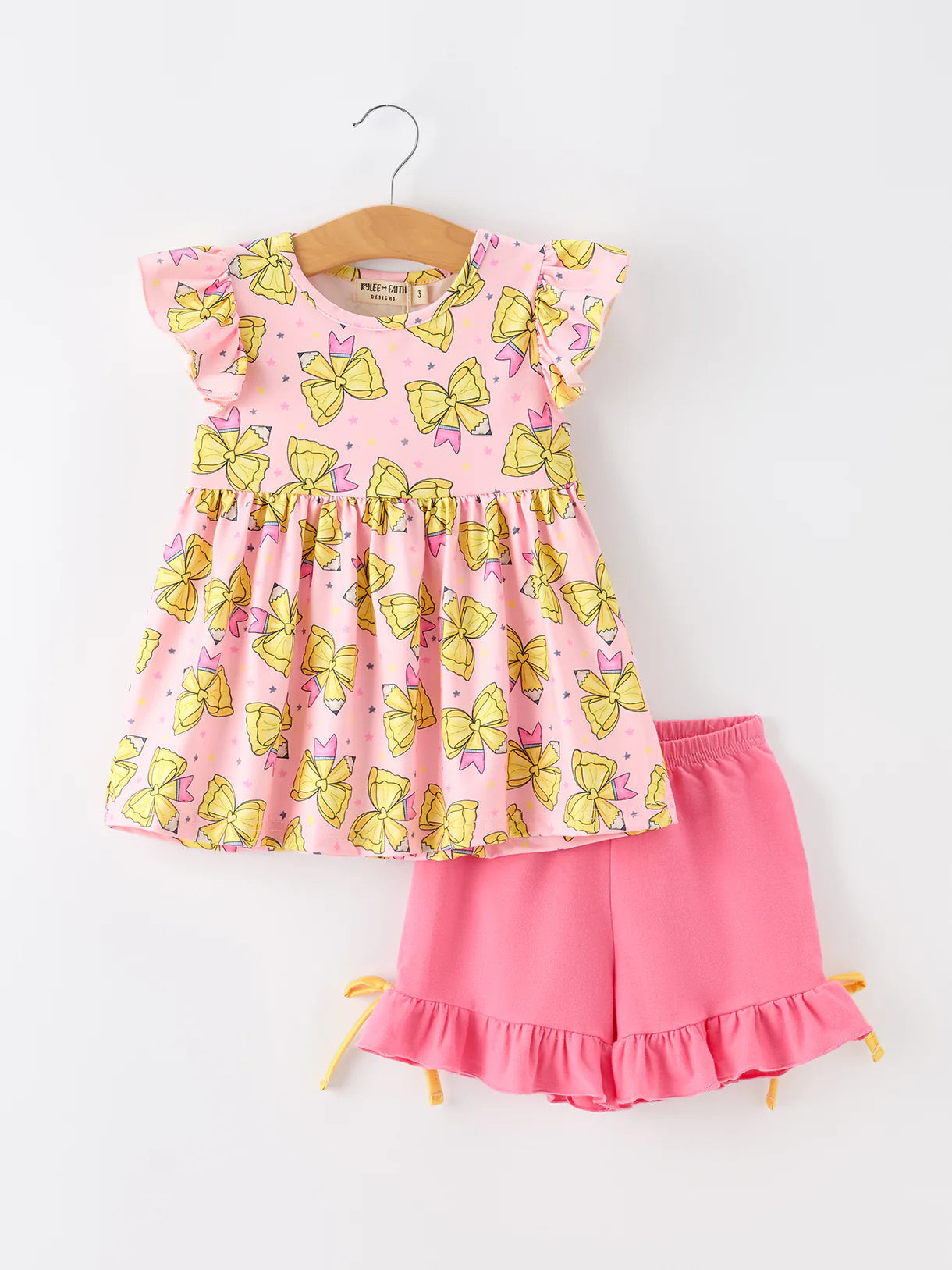 Girls Summer Bow Print Dress Set Ruffle Pink