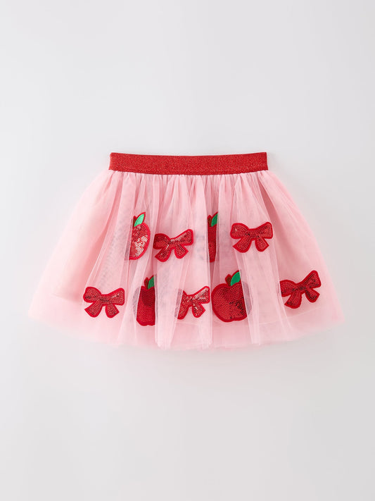 Back To School Apple Bow Girls Skirt Tulle Sequin Applique