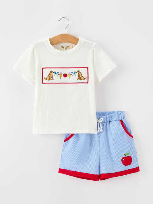 Back To School Apple Pencil Embroidery Boy Top Shorts Set