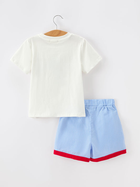 Back To School Apple Pencil Embroidery Boy Top Shorts Set