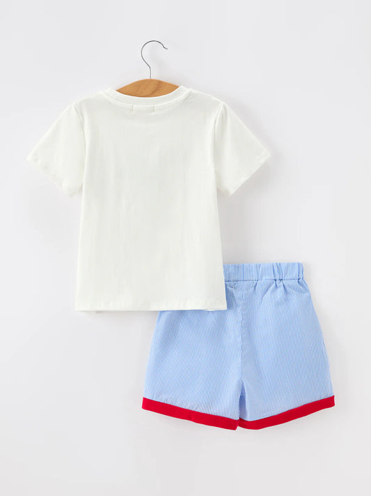 Back To School Apple Pencil Embroidery Boy Top Shorts Set