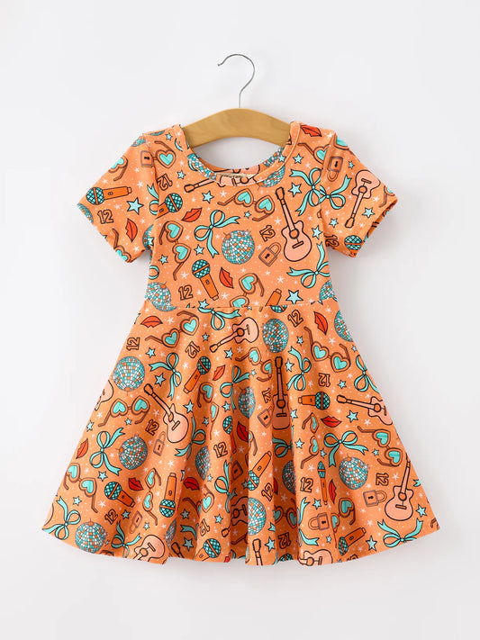 Girls Music Guitar Instrument Short Sleeve Twirl Dress
