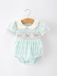 Load image into Gallery viewer, Spring Plaid Bow Girls Romper Smocked Petals Collar Puff Sleeve
