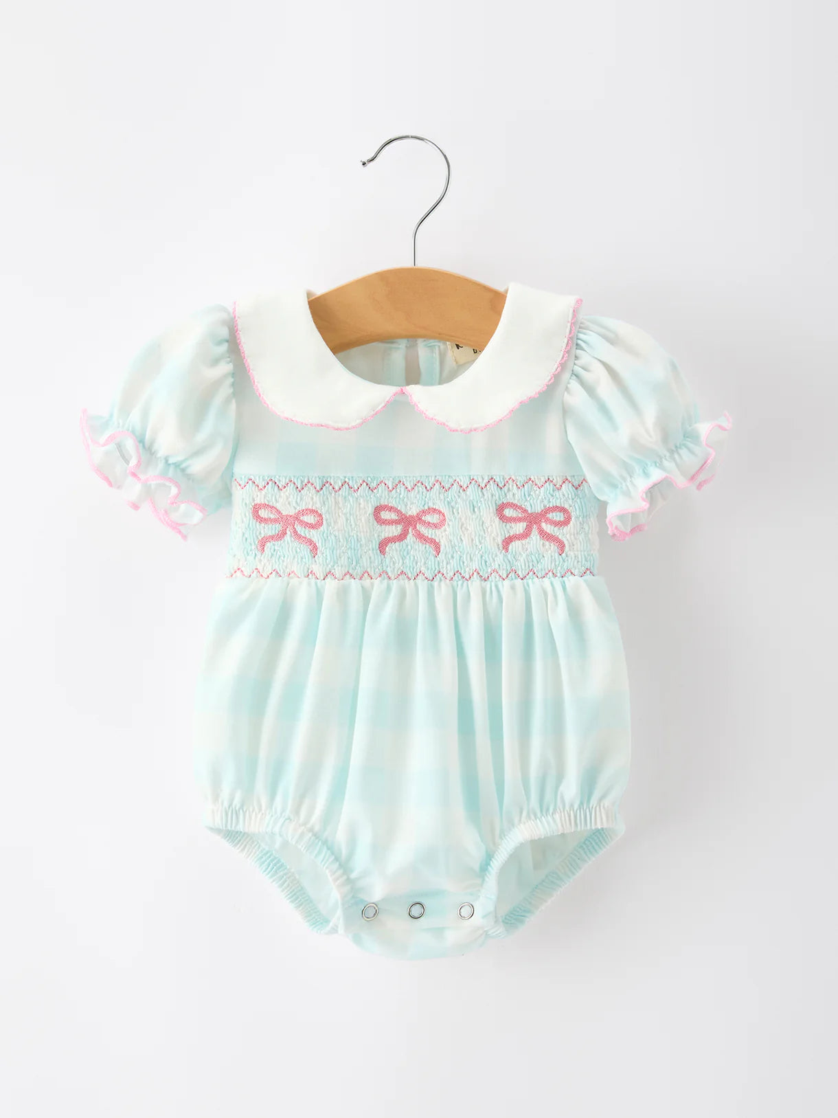 Spring Plaid Bow Girls Romper Smocked Petals Collar Puff Sleeve