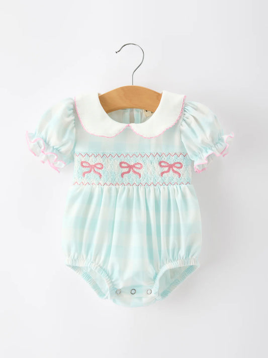 Spring Plaid Bow Girls Romper Smocked Petals Collar Puff Sleeve