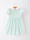 Load image into Gallery viewer, Spring Plaid Bow Girls Dress Smocked Petals Collar Puff Sleeve
