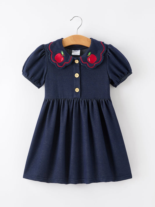 Back to School Apple Applique Girls Dress Petals Collar