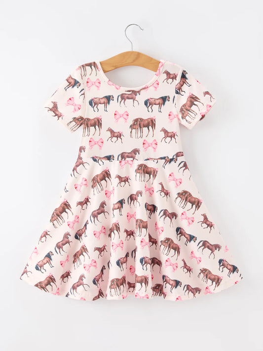 Girls Western Horse Print Twirl Dress Short Sleeve