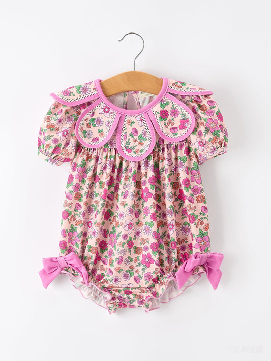 Pink Floral Bow Petals Collar Girls Romper
