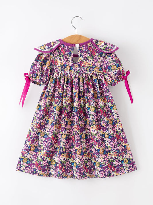 Purple Floral Bow Petals Collar Girls Dress
