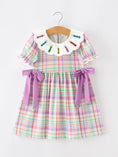 Load image into Gallery viewer, Back To School Plaid Crayon Embroidery Girls Dress Bow Puff Sleeve
