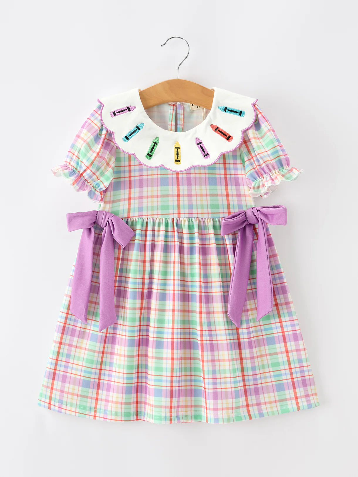 Back To School Plaid Crayon Embroidery Girls Dress Bow Puff Sleeve