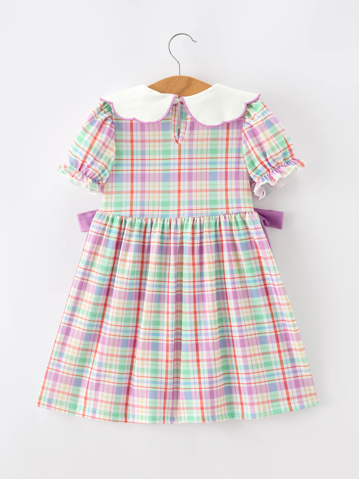 Back To School Plaid Crayon Embroidery Girls Dress Bow Puff Sleeve