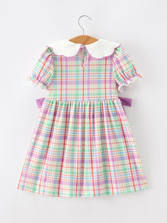 Back To School Plaid Crayon Embroidery Girls Dress Bow Puff Sleeve