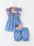 Load image into Gallery viewer, 4th of July Plaid Girls Set Flag Star Bow Top Shorts Outfit
