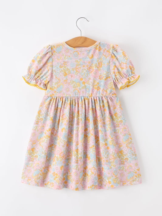 Yellow Bow Smocked Floral Girl Dress