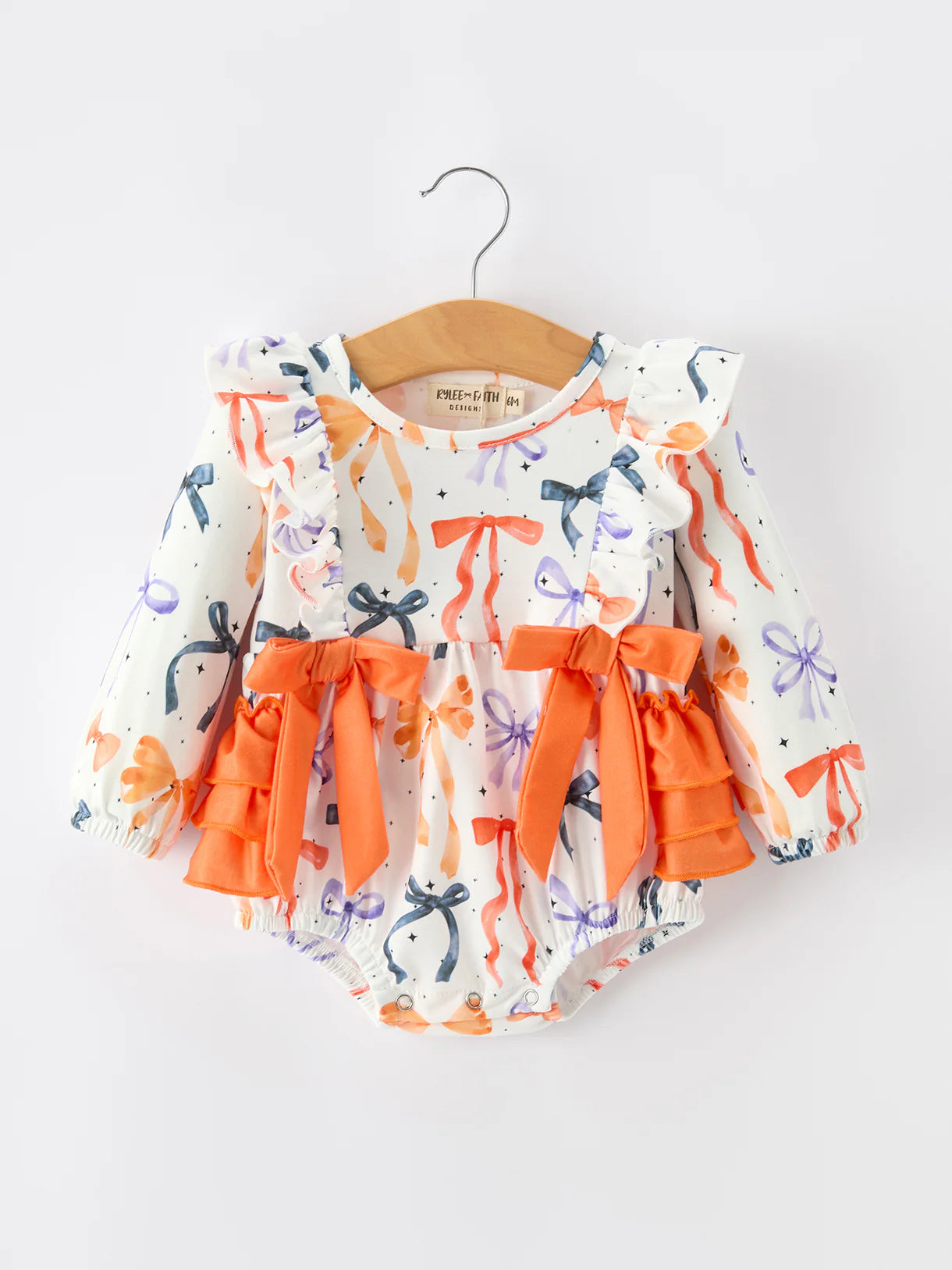 Halloween Bow Print Girls Romper Ruffle Bow Long Sleeve