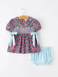 Load image into Gallery viewer, Blue Bow Floral Smocked Girl Bloomer Set
