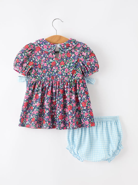 Blue Bow Floral Smocked Girl Bloomer Set