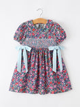 Load image into Gallery viewer, Blue Bow Smocked Floral Girl Dress
