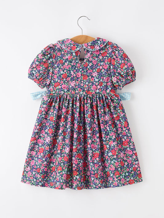 Blue Bow Smocked Floral Girl Dress