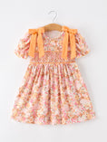 Load image into Gallery viewer, Peach Bow Smocked Floral Girl Dress
