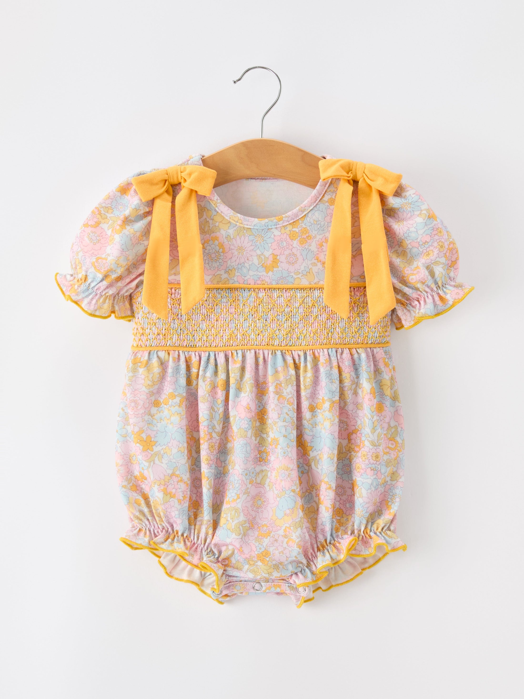 Yellow Bow Smocked Floral Baby Bubble
