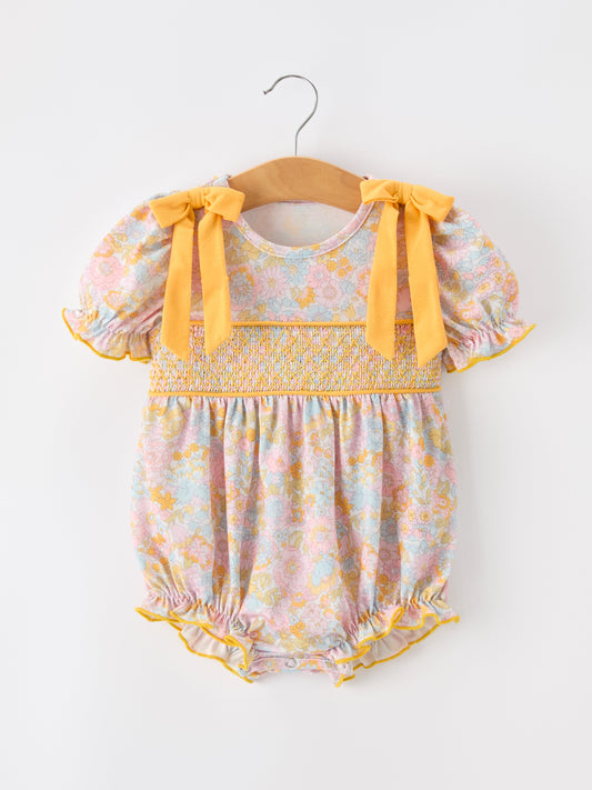Yellow Bow Smocked Floral Baby Bubble