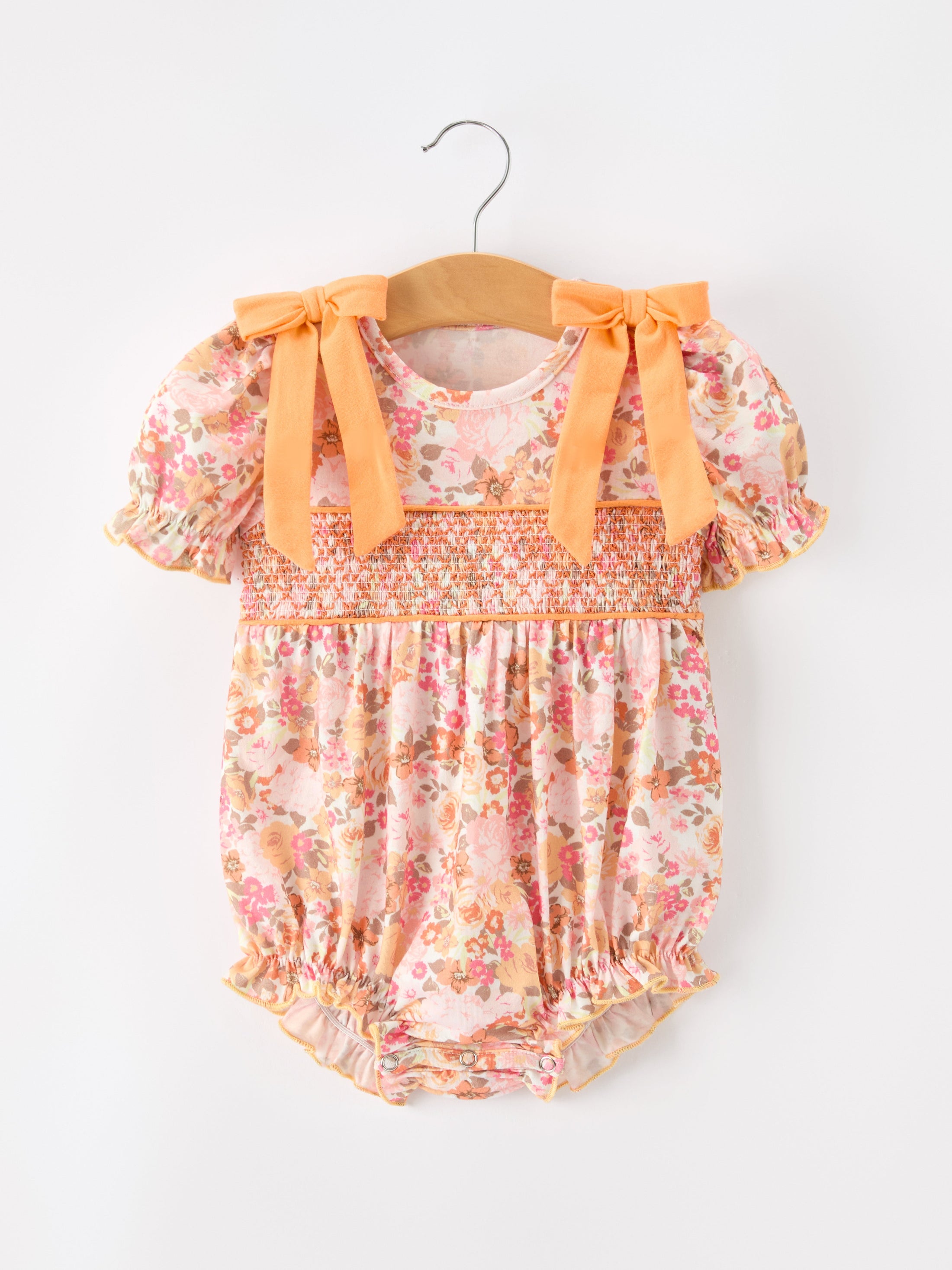 Peach Bow Smocked Floral Baby Bubble