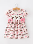 Load image into Gallery viewer, Western Horse Smocked Girls Dress Bow Ruffle Short Sleeve
