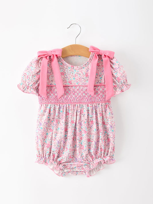 Pink Bow Smocked Floral Baby Bubble