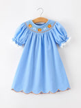 Load image into Gallery viewer, Blue Fall Thanksgiving&Halloween Pumpkin Smock Embroidery Lace Baby Girl Dress
