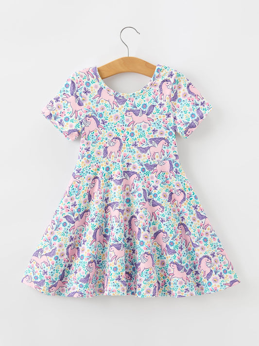 Unicorn Floral Print Girls Short Sleeve Twirl Dress