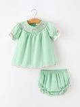 Load image into Gallery viewer, Christmas Mint Green Smocked Santa Baby Girl Bloomer Set
