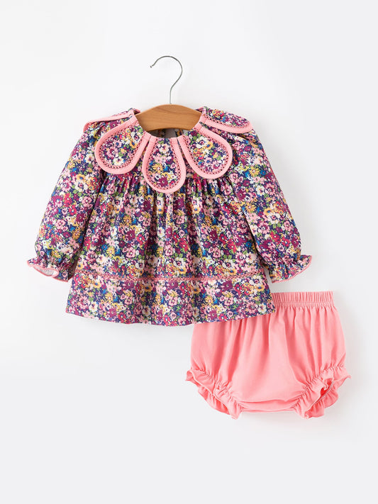 Pink Floral Petals Collar Girl Bloomer Set