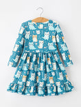 Load image into Gallery viewer, Fall Cat Print Girls Long Sleeve Ruffle Hem Dress
