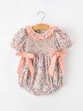 Load image into Gallery viewer, Fall Floral Baby Romper Smocked Ruffle Neck Bow
