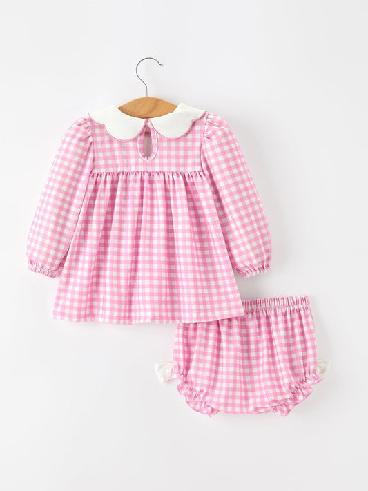 Thanksgiving Halloween Pumpkin Embroidery Pink Plaid Girls Bloomer Set